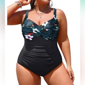 Women's V Neck One Piece Black Floral Swimsuit Monokini NWT Size 14W